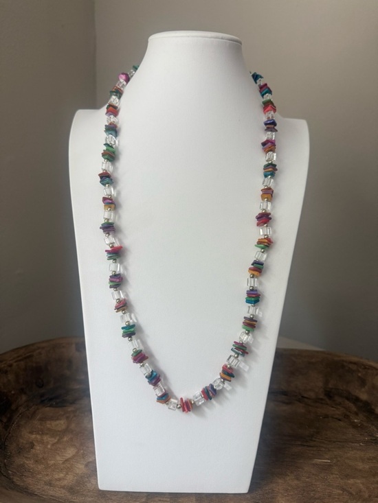 Jewelry - Long Clear Square Bead and Colorful Chip Beaded Necklace